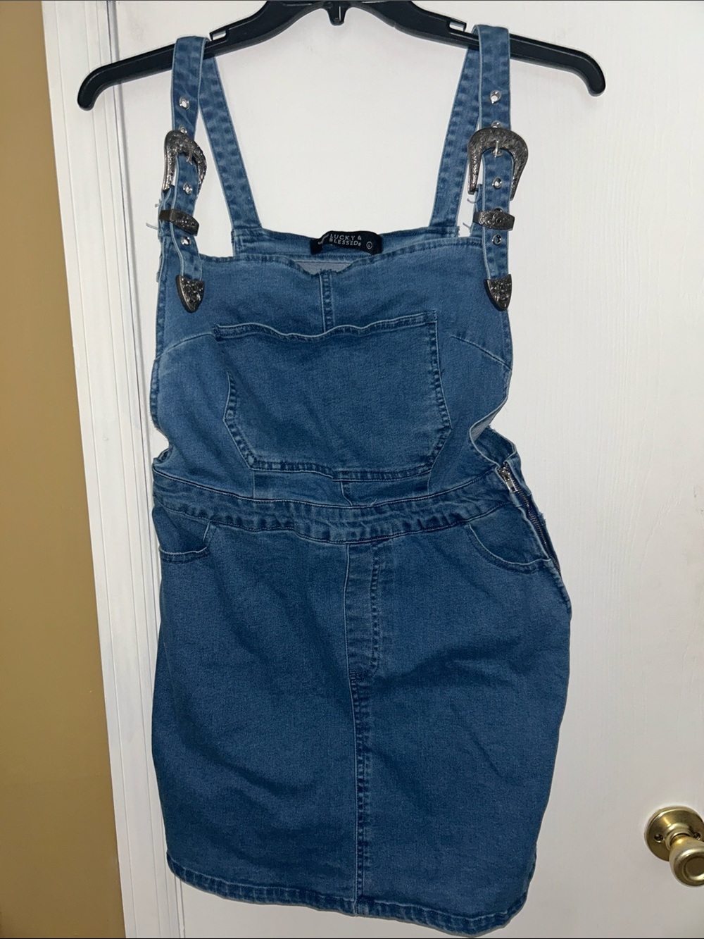 Lucky & Blessed Blue Denim Overall Dress with Silver Buckles
